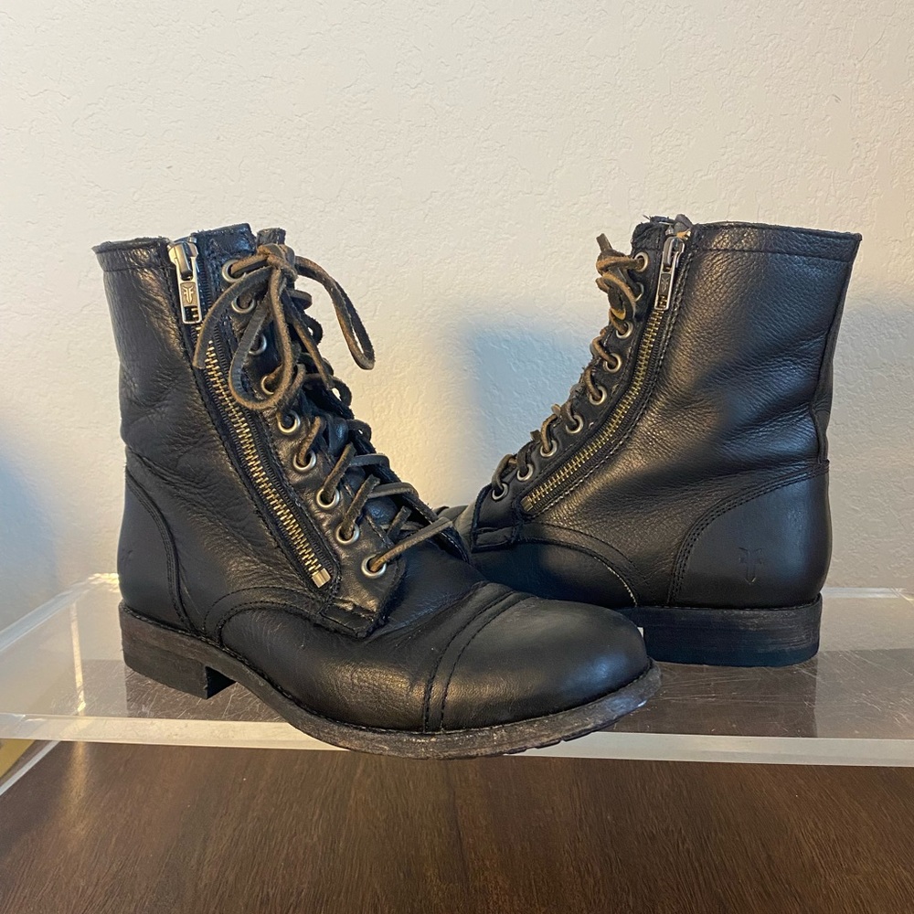 Rare Frye Tyler Double Zip Womens Lace Up Black Leather Combat Moto Boots Sz 7.5